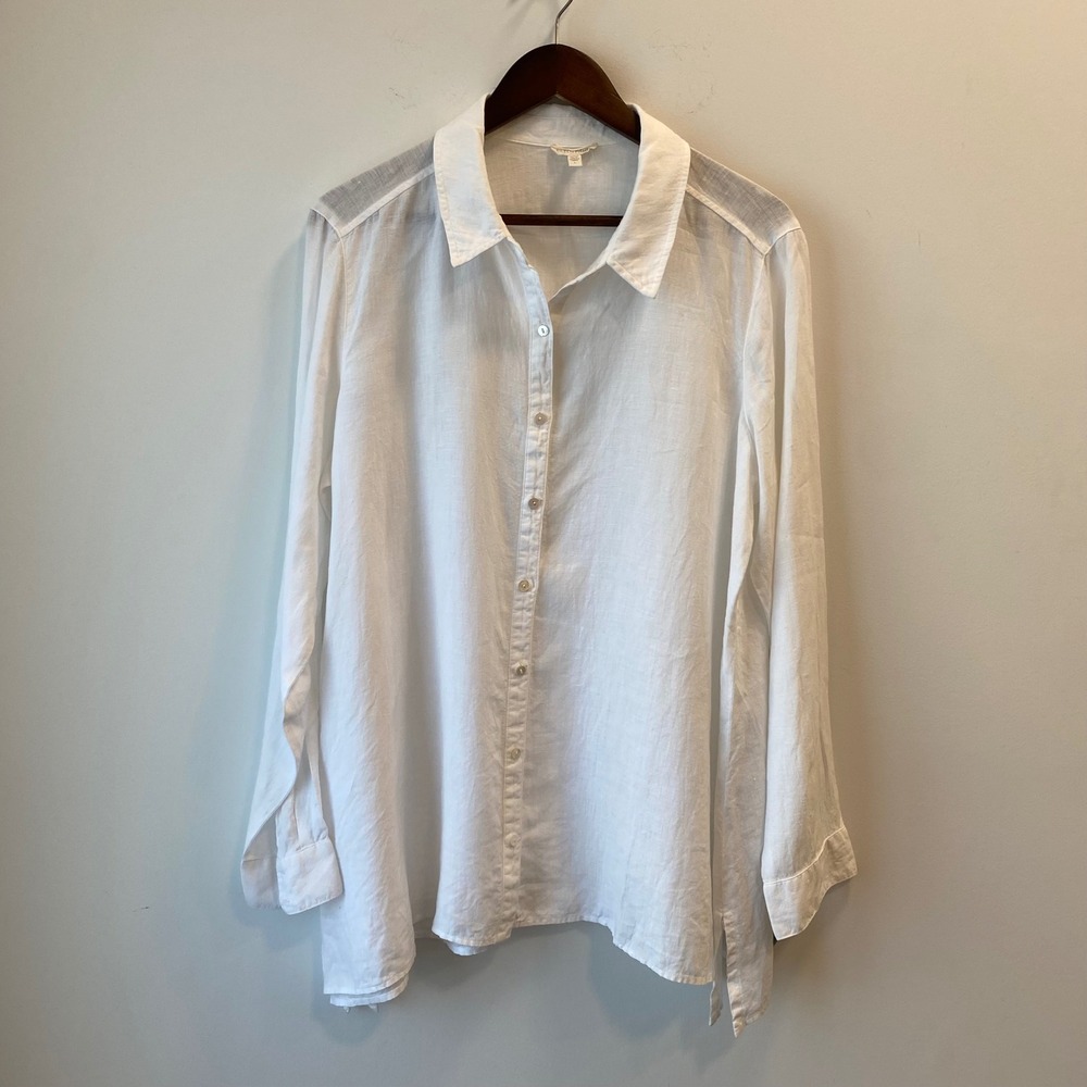 Eileen Fisher Shirt Womens L White Organic 100% Irish Linen Button Down Tunic